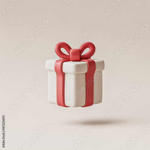 3D White Gift Box with Red Ribbon Minimalist Floating Present Box Illustration