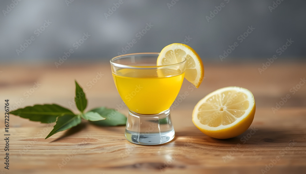 Fototapeta premium Refreshing yellow drink in glass with lemon slice and leaves 