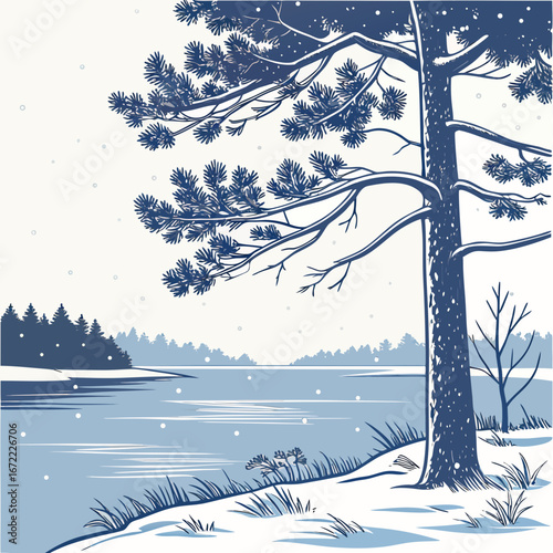 Vector art of a serene winter landscape illustration showcasing a snowcovered pine tree by a frozen lake, capturing the quiet beauty of the season