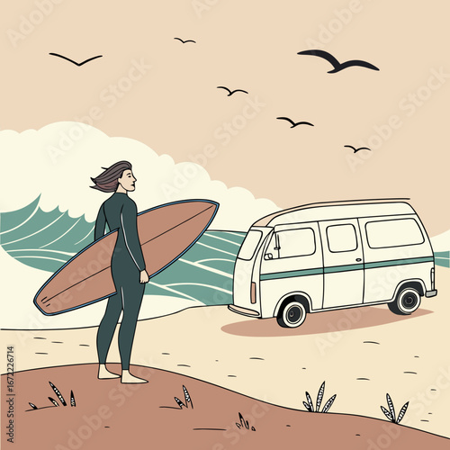 Vector art of a surfer girl with surfboard standing on the beach near a vintage van, with waves and seagulls in the background, creating a retro summer vacation scene