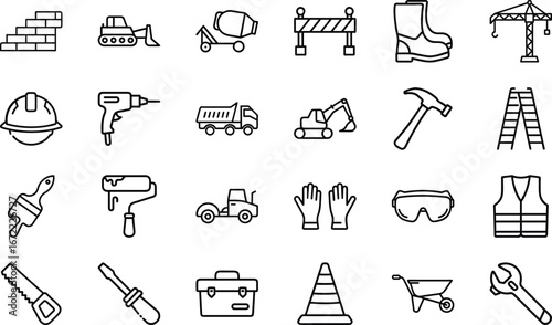 Construction equipment and safety gear icons on white background brick wall 1