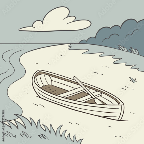 Vector art of a vintage cartoon illustration of a rowboat on a sandy beach, with calm water, a cloudy sky, and a peaceful, serene atmosphere, perfect for a summer vacation