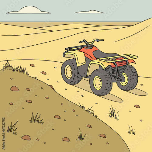 Vector art of an atv riding through the desert landscape, navigating the sand dunes and rocky terrain, symbolizing adventure and offroad exploration
