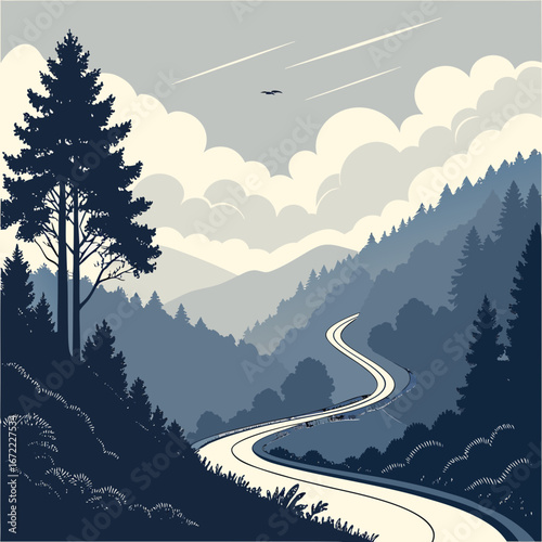 Vector art of winding road through a mountainous landscape with trees and clouds, offering a scenic view of nature and travel destination for outdoor adventure
