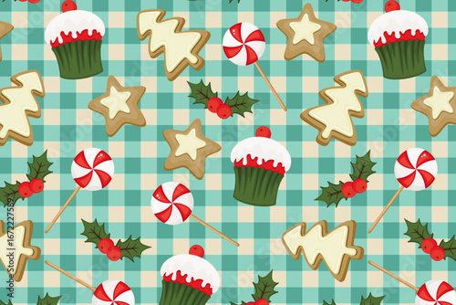 Christmas Sweets Seamless Pattern swatch available in swatches panel, Holiday Cupcakes Cookies Candy and Holly