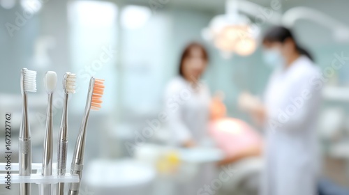 A focused view of dental instruments rests in the foreground, softly blurring into a background scene of a dental examination, conveying a sense of clinical precision and care.