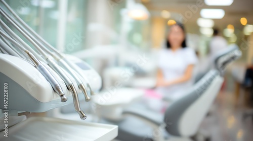 A shallow depth of field focuses on dental instruments poised above a pristine chair, with a blurred healthcare professional attending to a patient in the background.
