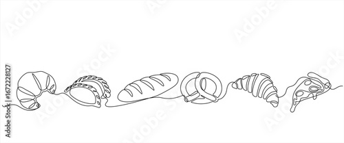 Fresh breads one line continuous drawing. Wheat bread, pretzel, pizza, croissant, indian Sweet (Gujia), baguette continuous one line illustration. Hand drawn. Editable stroke	
