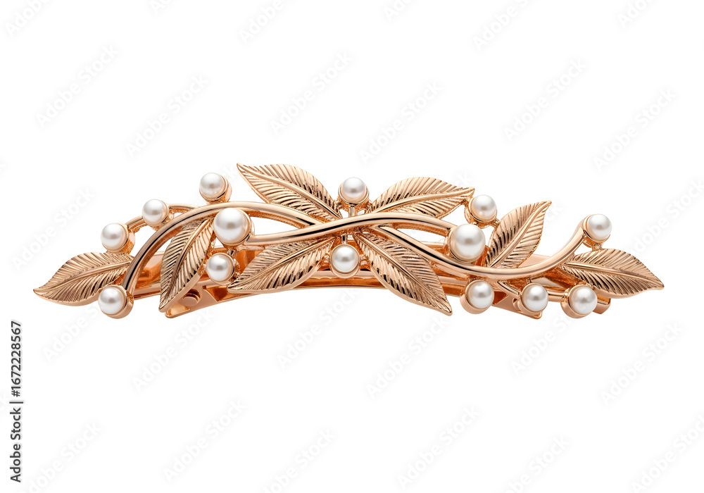 Fototapeta premium Gold Leaf and Pearl Hair Clip: Elegant Hair Accessory.