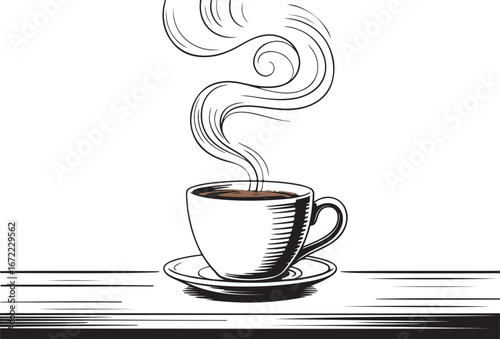 Hand-drawn illustration of a steaming coffee cup with detailed lines on a white background saucer