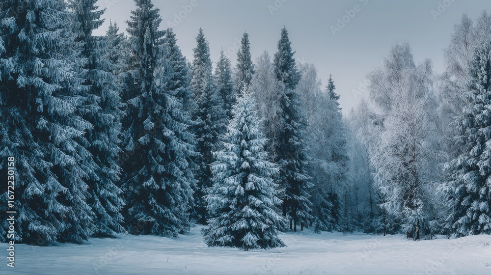Fototapeta premium frozen winter forest with snow covered trees outdoor happy new year and merry christmas no logos no brands ar 169