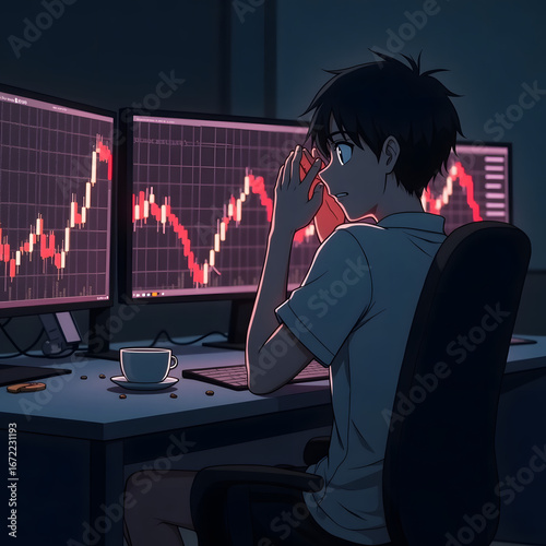 Young man analyzing stock market charts on multiple computer screens