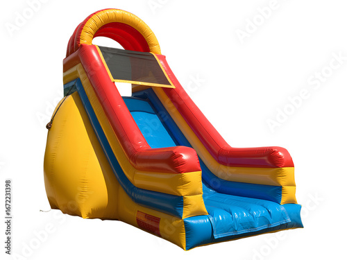 Colorful inflatable bounce house slide on a transparent background