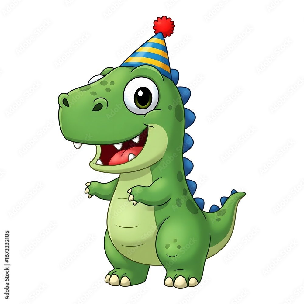 Fototapeta premium Cute cartoon dinosaur with party hat, cheerful birthday illustration