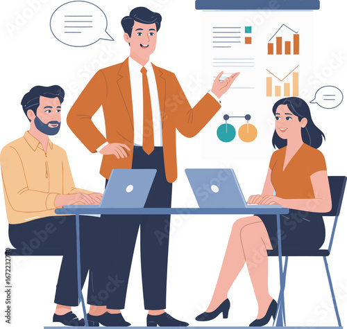 Business Meeting Presentation with Team Collaboration and Data Analysis for Successful Strategies in a Modern Office Environment