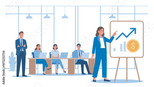Business Presentation with Increasing Profits Shown on Chart with Team Meeting in Modern Office Space Illustrating Success and Growth