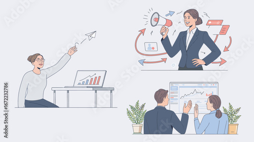 Business Growth and Communication Strategies Illustration Showing Teamwork and Marketing Success with Woman Launching Paper Airplane and Leader with Megaphone Discussing Data Analytics