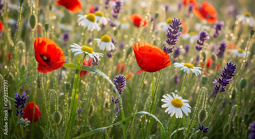 Vibrant wild poppy, chamomile, and lavender blossoms gently swaying in a sun-kissed meadow, bathed in soft morning light, creating a serene and picturesque natural landscape