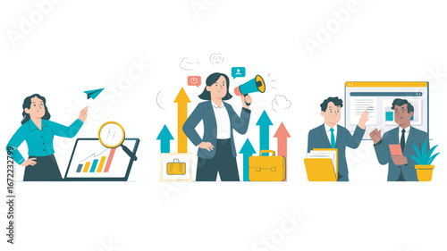 Diverse business team illustration for growth strategy success and market communication depicting data analysis and strategic partnership with career promotion