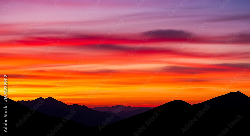 Fototapeta premium Vibrant Sunset Hues Over Silhouetted Mountain Peaks