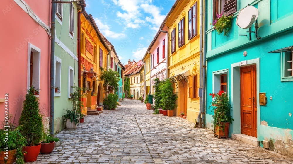 Obraz premium Narrow cobblestone street lined with colorful old european houses, vibrant architecture with plants and potted flowers, sunny travel scene