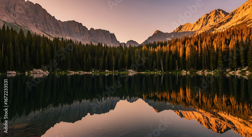 Golden hour illuminates a tranquil mountain lake, perfectly mirroring the towering pine forests and rugged peaks, offering a stunning vista of untouched wilderness