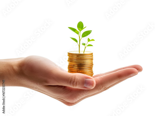 Hands Holding a Stack of Gold Coins with Growing Green Plant Seedlings as a Symbol of Investment and Economic Growth