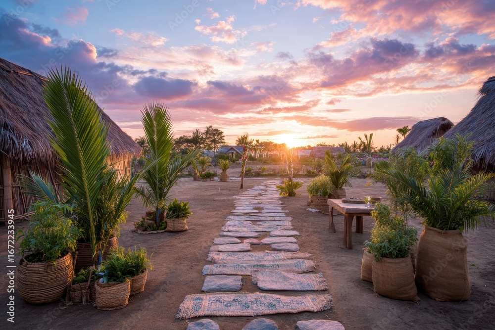 Fototapeta premium Serene Sunset Over a Tranquil Village Pathway with Tropical Plants and Rustic Huts Surrounded by Lush Nature and Vibrant Colors in a Peaceful Atmosphere
