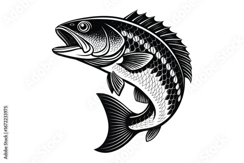 Black and White Perch Fish Illustration with Detailed Fins