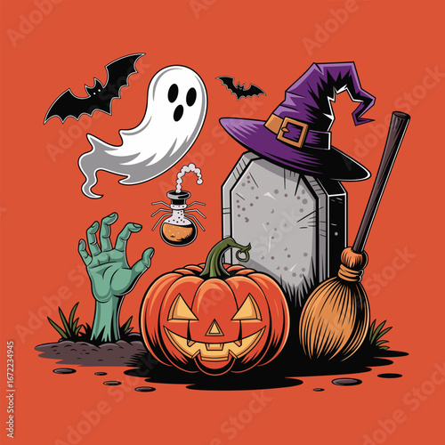 halloween pumpkin and bats