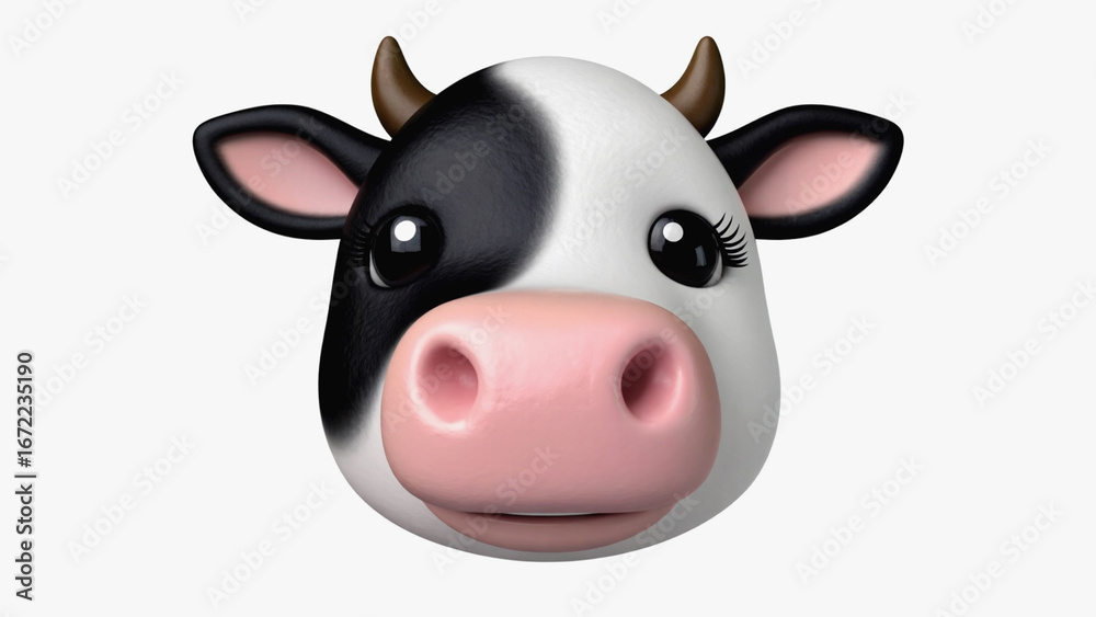 Fototapeta premium Cartoon Cow Head with Black and White Markings on White Background