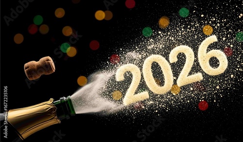 Banner of the year 2026 with colorful fireworks behind it new year celebration concept party night excitement joy festivity