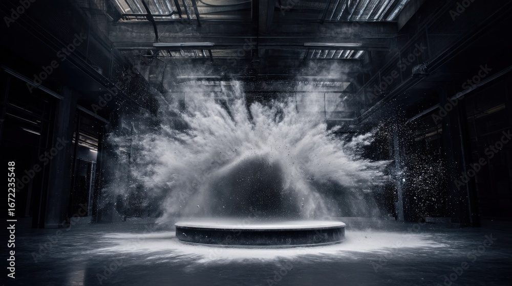 Fototapeta premium A dramatic explosion of white particles surges upward in a dark industrial room with exposed beams and ducts,