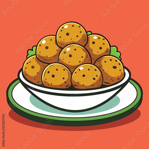 Plate of eight orange falafel balls with lettuce on red background food middle eastern food