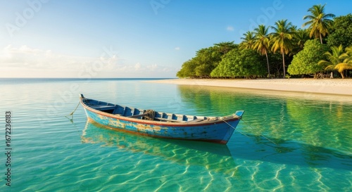 Tranquil turquoise waters cradle a weathered fishing boat near a pristine tropical beach.