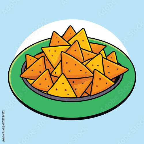 Plate of Tortilla Chips with Dip and White Oval Background nachos snack