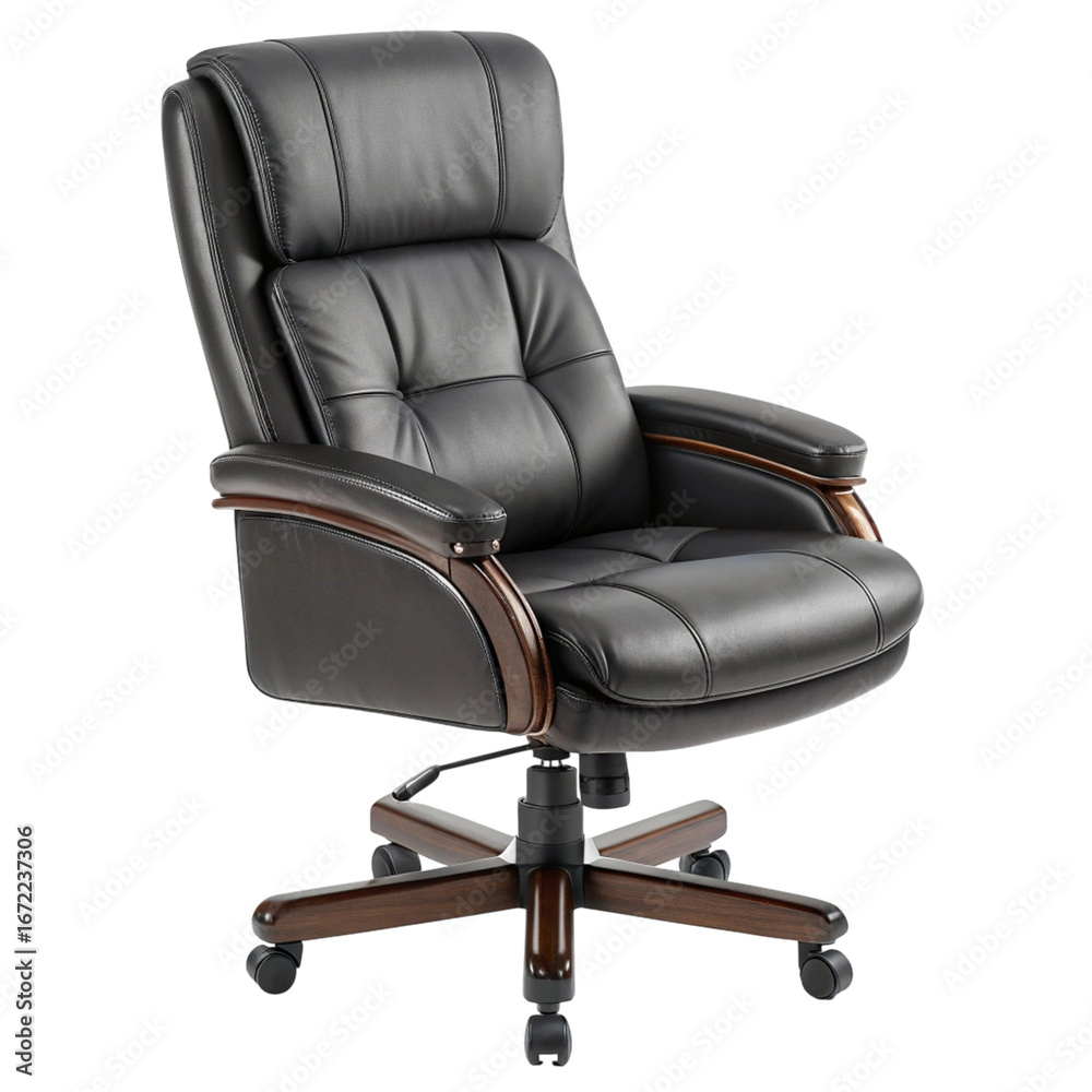 Naklejka premium Luxurious black leather executive office chair with wooden accents isolated on transparent background