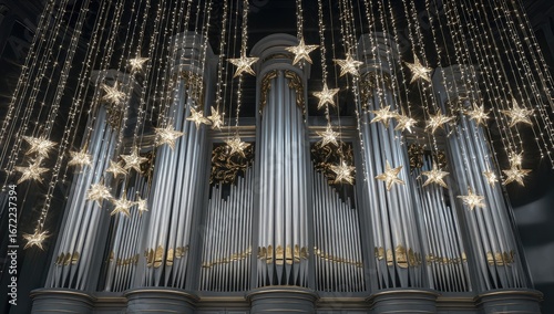 Illuminated pipe organ adorned with hanging star lights