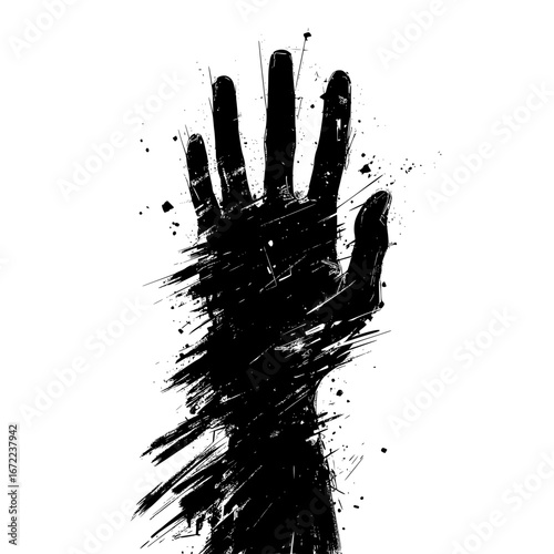 An abstract depiction of a hand, rendered in bold black brushstrokes, reaching upwards with a sense of urgency or struggle against an immaculate backdrop.