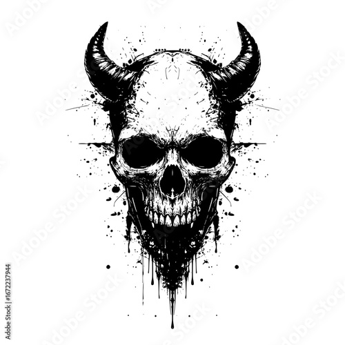 A darkly captivating illustration of a demonic skull with a chilling aura, conveying a sense of macabre mystery. Featuring the intricately detailed skeletal structure and menacing horns.