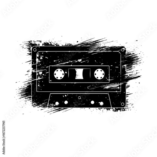 An evocative monochrome illustration of a vintage cassette tape, a stark contrast against a textured, artistic backdrop. A nod to retro nostalgia and the golden era of music.