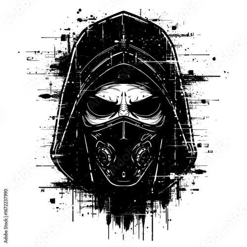A striking illustration of a mysterious figure wearing a hood and a gas mask, against a textured, grungy backdrop.
