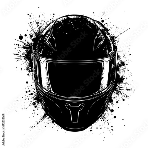A stylish illustration of a sleek black helmet with dynamic splashes. Evoking the thrill of speed and the dedication to safety, perfect for conveying the essence of motorsports.