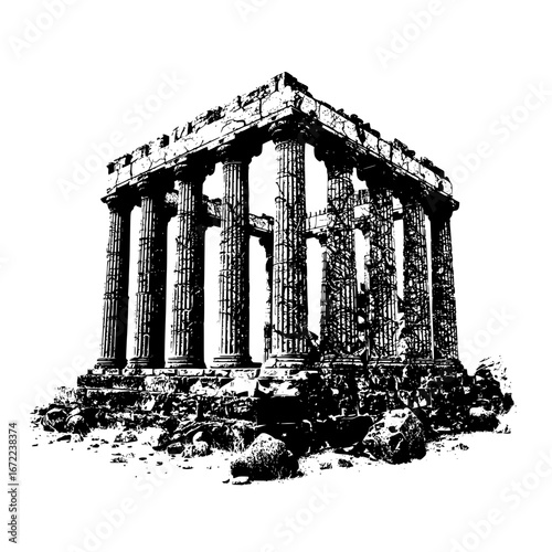 An ancient temple ruin stands against the void of time, showcasing intricate architecture and enduring the ravages of history, evokes a sense of timelessness. 