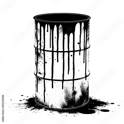 A close-up studio shot portrays an oil barrel, emphasizing the stark contrast between the shiny barrel and dripping black paint. The spilled paint adds a touch of disorder.