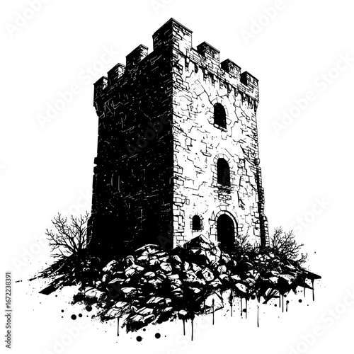 An imposing medieval fortress rises majestically, its weathered stone walls telling tales of history, and showcasing resilience.