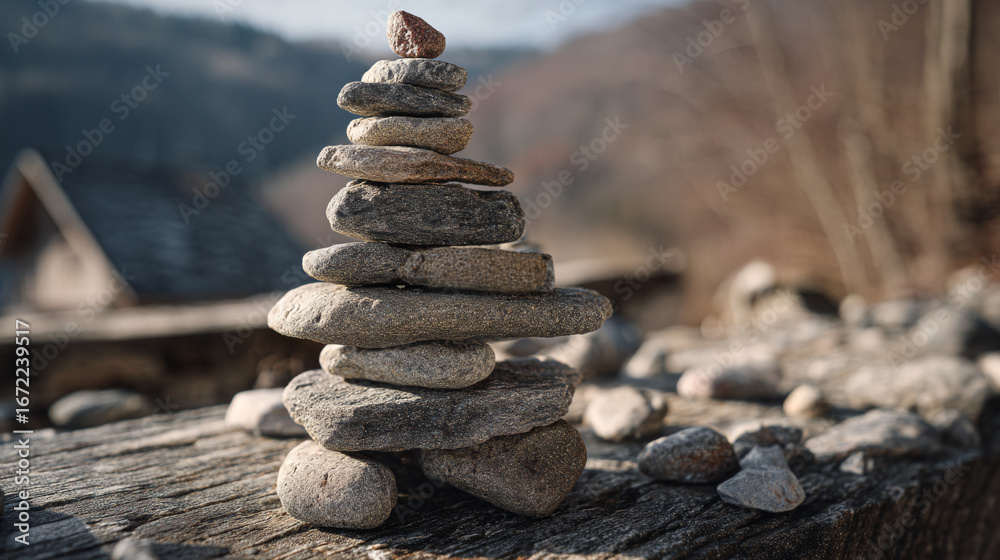 Obraz premium A cairn of flat stones balanced on a weathered wooden surface with a blurred background scene