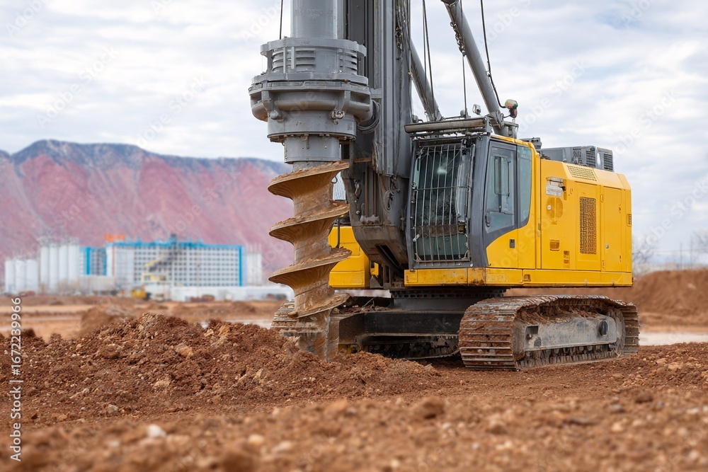 Obraz premium Drilling Machine Working on Construction Site with Red Soil and Mountain Backdrop