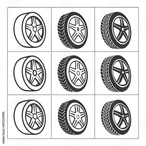 Set of car wheel and tire illustrations, Outline, tread detail and realistic styles in grid format