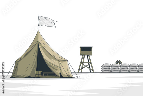 Minimalist Illustration of Military Outpost with Tent Guard Tower and Sandbags Peace Symbolism and Conflict Context